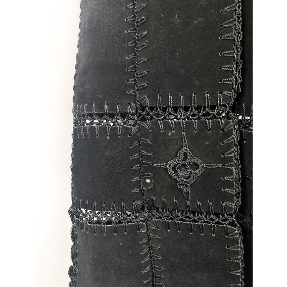 Vintage Crochet Suede‎ Leather Vest Black Embroidered Patchwork Western Boho - Picture 4 of 6